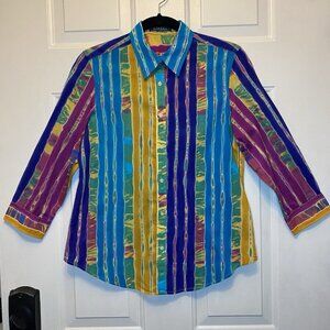 Lauren Ralph Lauren Striped Cotton Blouse Vibrant Colorful Top Sz S 3/4 Sleeves